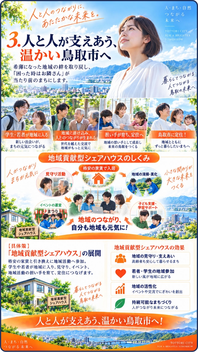 政策3「人と人が支えあう、温かい鳥取市へ」地域貢献型シェアハウスを展開